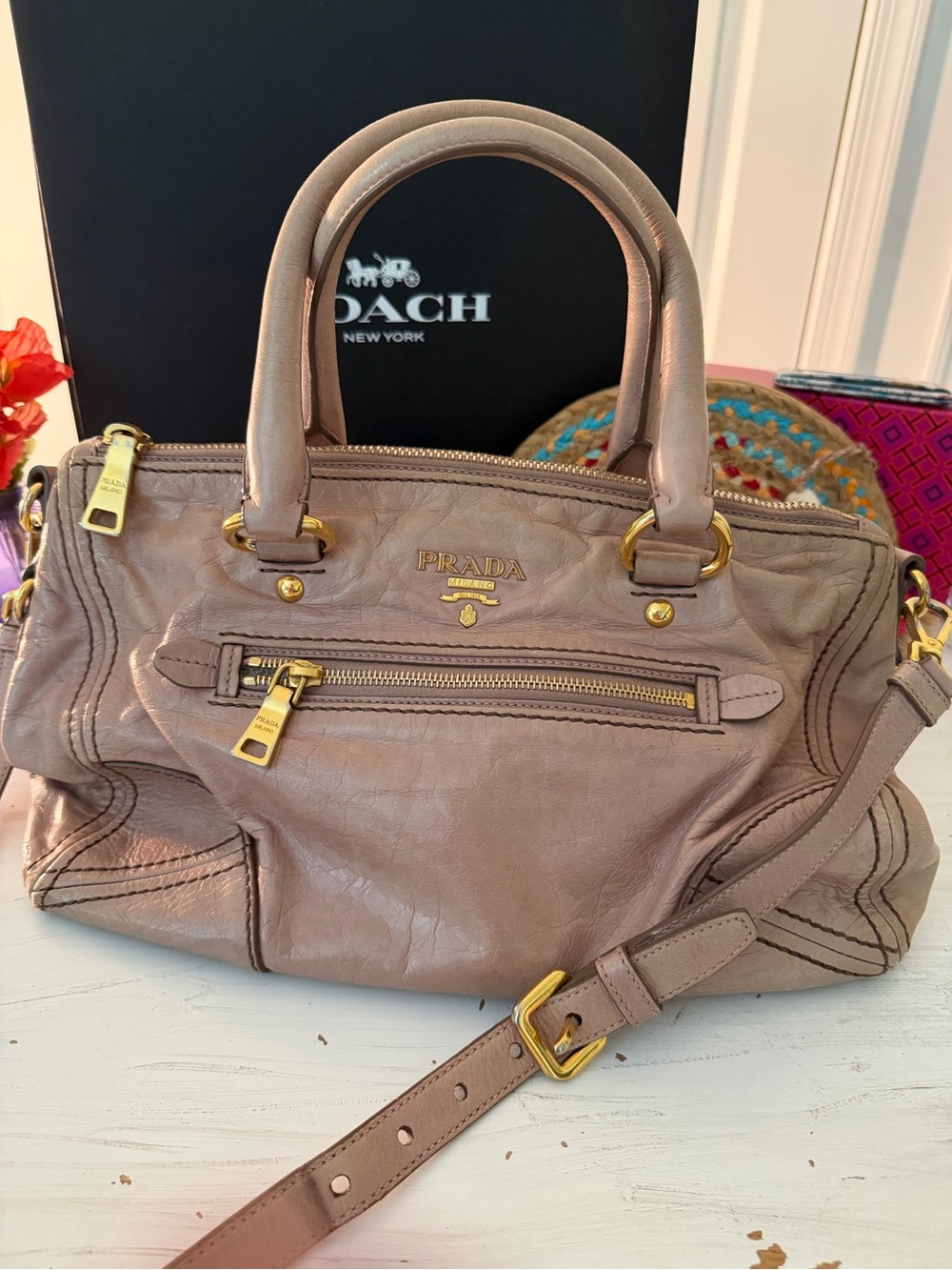 Prada Taupe Leather Shoulder Bag with Gold Hardware